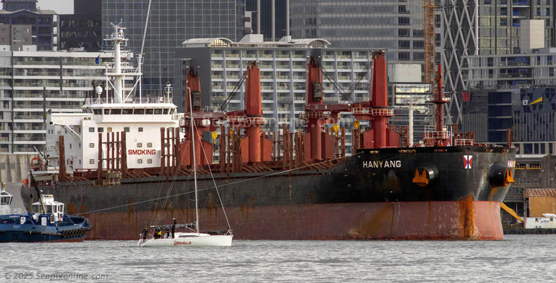 HANYANG (2016/IMO 9714226/24785gt/39802dwt) sails for Tauranga following her maiden call at Auckland. She is owned by Swire & Sons of the UK, operated by Swire Bulk Pte and managed by Swire Shipping, both of Singapore. 19 July 2025. Photo by Â© 2025 SeapixOnline.com